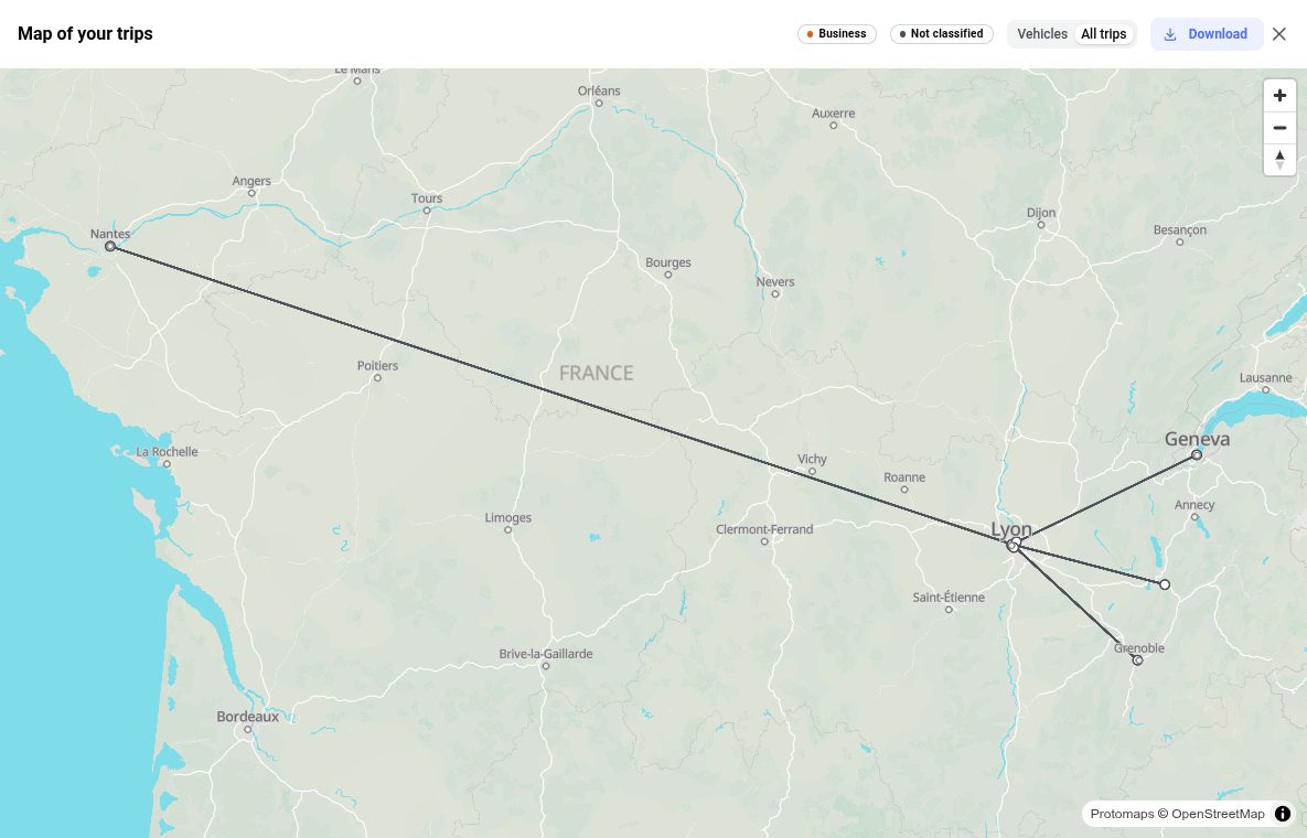 Map of a year of trips from a Google Timeline export: drives from Lyon to Geneva, Grenoble, Chambéry and Nantes, with a purpose legend and a Download button