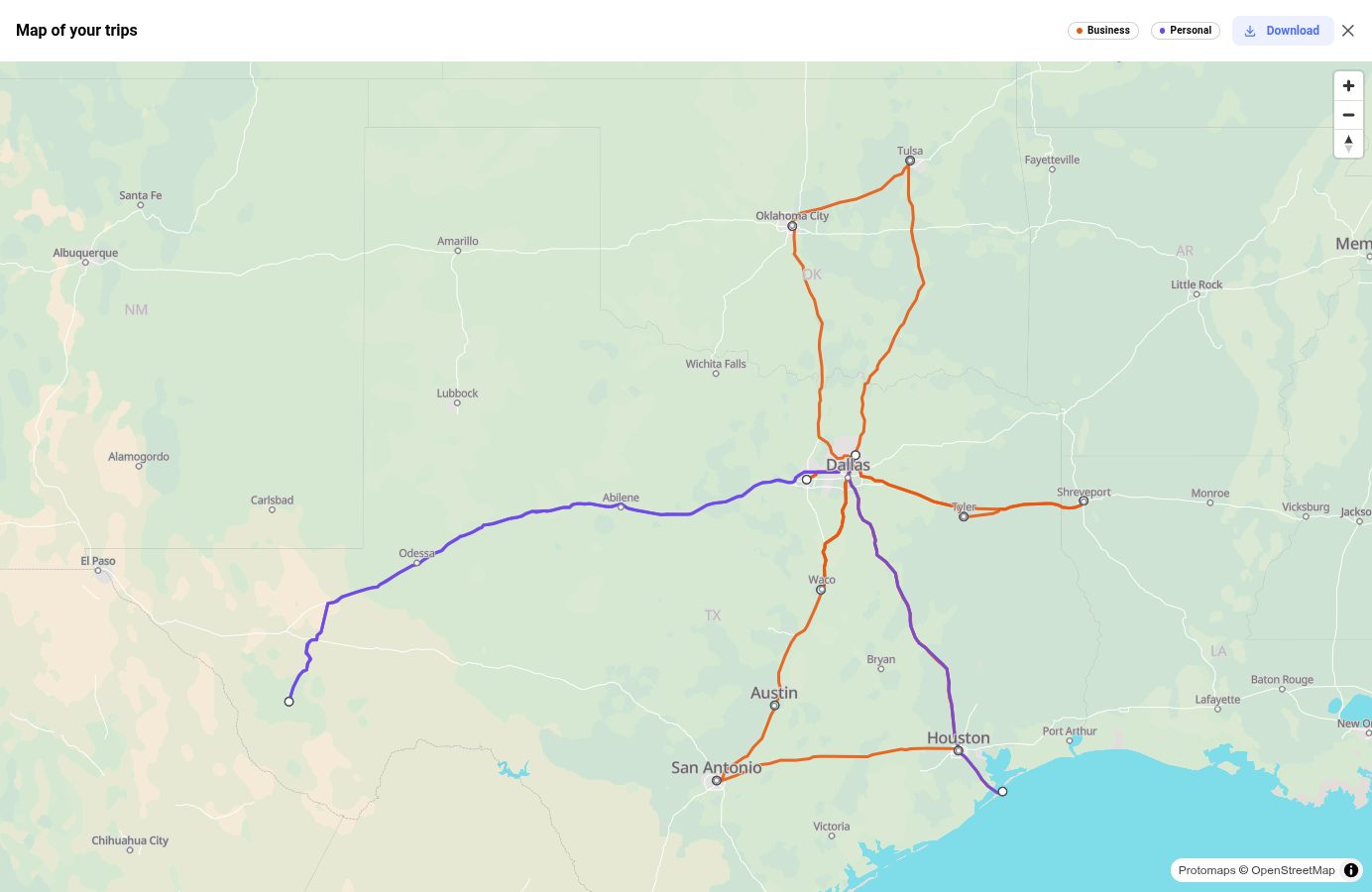 Time-mile's map of a year of drives from Dallas: client visits to Austin, San Antonio, Houston, Oklahoma City, Tulsa and Shreveport in orange, a personal trip to West Texas in purple